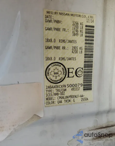 2015 Nissan Titan S из США, поврежденный, VIN 1N6AA0ECXFN500079